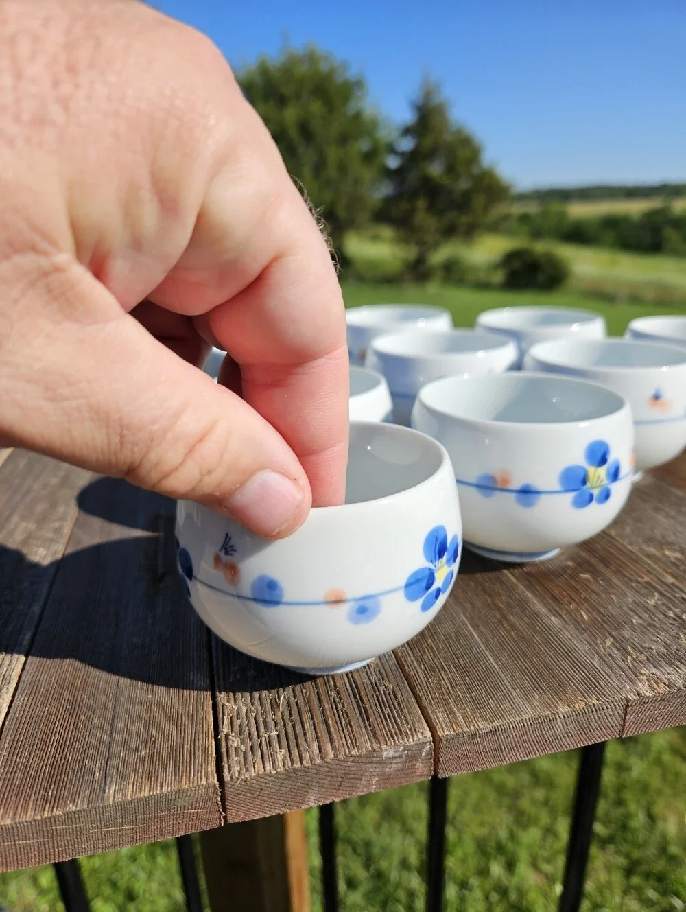 Set of 10 Vintage Japanese Arita Ware Yunomi Tea Cups Blue Floral White Porcelai